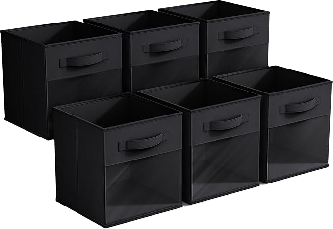 Sorbus 11 Inch Storage Bins with Clear Window - 6 Foldable Baskets for Organizing Clothes, Toys, Books - Sturdy Collapsible Fabric Storage Cubes with Handle - Storage Baskets for Shelves, Closets