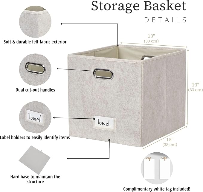 DECOMOMO Felt Storage Bins, 13x15x13 Storage Cube Bins with Labels | 4 Pack Storage Baskets for Shelves, Kallax (Beige)