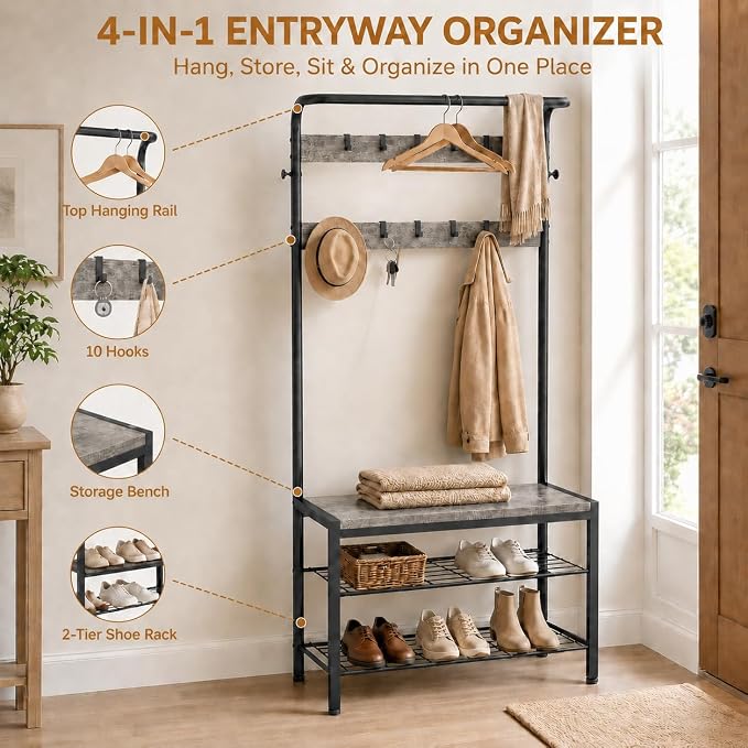 Simple Deluxe 4-in-1 Hall Tree with Bench and Shoe Storage, Entryway Coat Rack with 10 Hooks, Freestanding Mudroom Organizer with 2-Tier Shoe Rack for Entryway Bedroom Foyer, Grey
