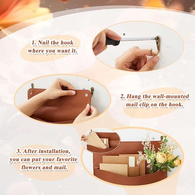 2 Set PU Leather Mail Holder Wall Mount 12.2x10.24 Inch Leather Letter Holder 2 Ring Binder Hanging Wall File Organizer Mail Sorter for Decor Storage Letter Postcard Flower Home Office(Brown)