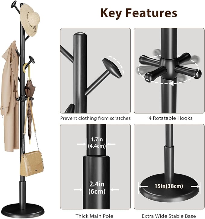 Taitiy Solid Wood Coat Rack Freestanding Coat Tree | with 10 Hooks for Bedroom, Livingroom, Entryway, Sturdy Coat Hanger Stand for Hats, Coats, Scarves, Handbags, Purses