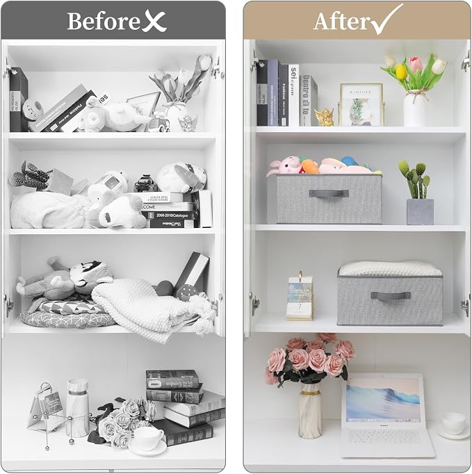 Storage Baskets, 15.7 Inch Woven Fabric Bins, Storage Cubes with Reinforced Handles, Organizer Bins for Closet Shelves, Foldable, for Toys, Clothes (3PCS/Grey-15.7*11*7.8inch)