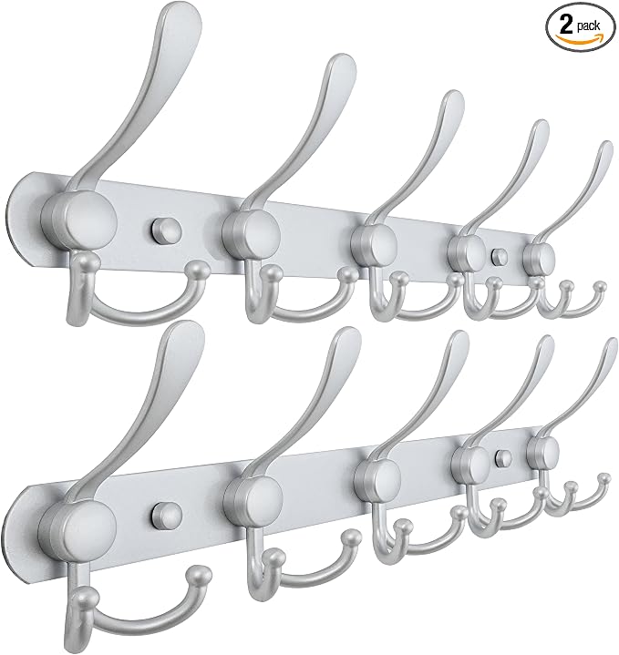 Dseap Coat Rack Wall Mounted - 5 Tri Hooks, Heavy Duty, Stainless Steel, Metal Coat Hook Rail for Coat Hat Towel Purse Robes Mudroom Bathroom Entryway (Silver, Pack of 2)