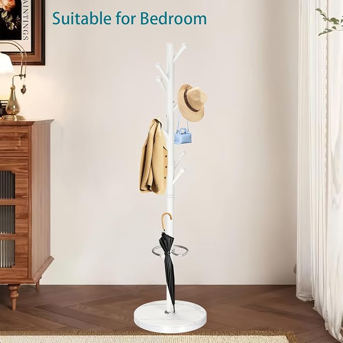 OIRUMIE Coat Rack,Metal Coat Rack Frestanding,White Coat Stand for Entryway | Coat Rack Stand with Marble Base & Umbrella Holder,Modern Coat Hanger Stand,Coat Clothes Tree Stand for Hallway
