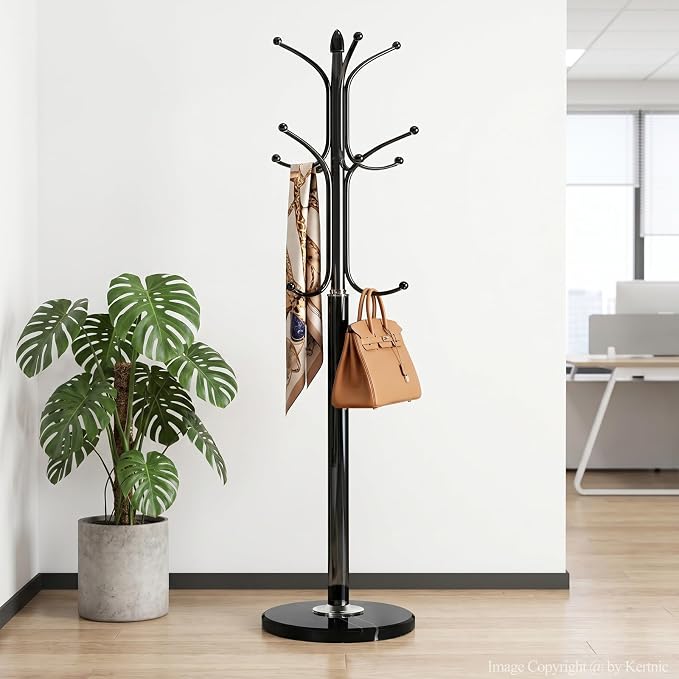 Kertnic Freestanding Coat Rack Stand, Heavy Duty Metal Hall Tree with 12 Hooks, 70 Inch Tall Stable Coat Hanger with 14.6" Natural Marble Base, Entryway Organizer for Coats Bags Hats Purses (Black)