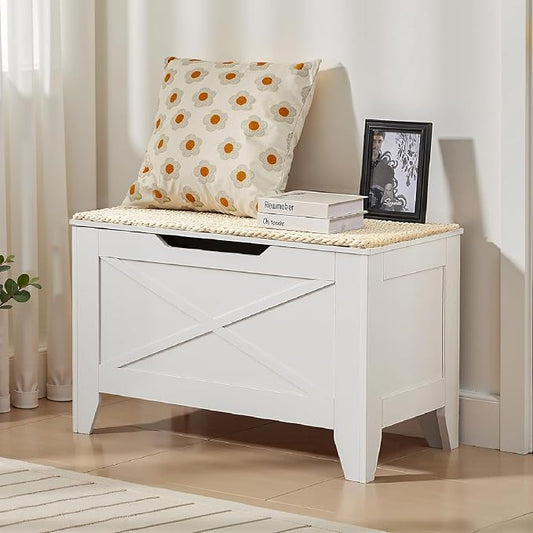 VECELO 30" Storage Chest with Lift Top Storage, Farmhouse Style Ottoman with Handwoven Wicker Cushion, Safety Hinges, Ideal for Entryway, Bedroom, Living Room, Ivory White