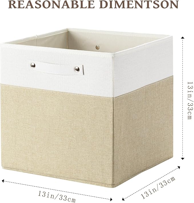FinishingBo 13x13x13 Storage Cube Bins 4 Pack, Cube Shelf Baskets | Foldable Storage Cubes, Linen Storage Bins with Handles, Closet Organizers, White/Khaki