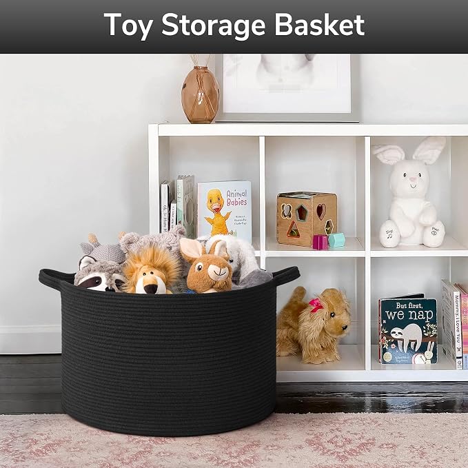 Goodpick 65L Large Woven Rope Basket for Blankets Living Room, 65L | 19.7 x 19.7 x 12.6 In Woven Basket for Storage, Kids Toy Storage for Playroom, Laundry Basket for Towels,Black