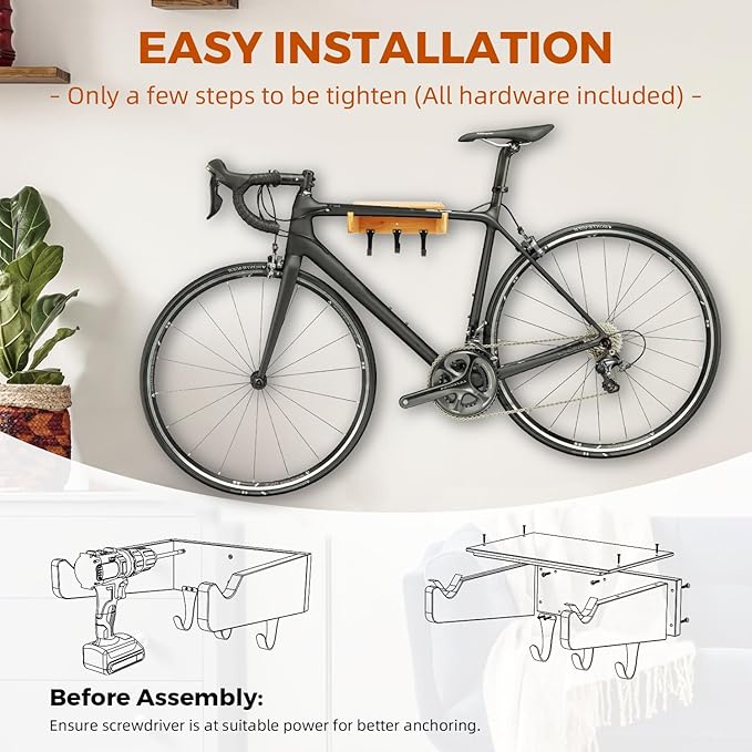 Bike Wall Mount - Indoor Bicycle Rack | Bamboo Bike Rack Storage with Detachable Hangers, Easy to Assemble