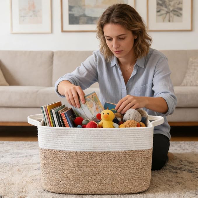 65L Collapsible Woven Rope Laundry Basket with Handles-White/Brown | 21x16x12 Foldable Rectangular Blanket Basket for Toys, Clothes & Pillows,Ideal for Nursery, Bathroom, Bedroom, Living Room