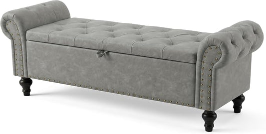 55" Storage Bench for Bedroom, Upholstered Ottoman Bench, Leather LightGray | End of Bed Bench for Bedroom, Window Benches for Living Room, Entryway, Ottoman with Large Storage Space, Pet Friendly