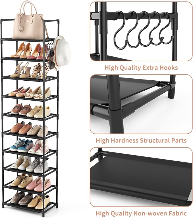 LANTEFUL 10 Tiers Tall Shoe Rack 20-25 Pairs Boots Organizer Storage Sturdy Narrow Shoe Shelf for Entryway, Closets with Hooks, Black
