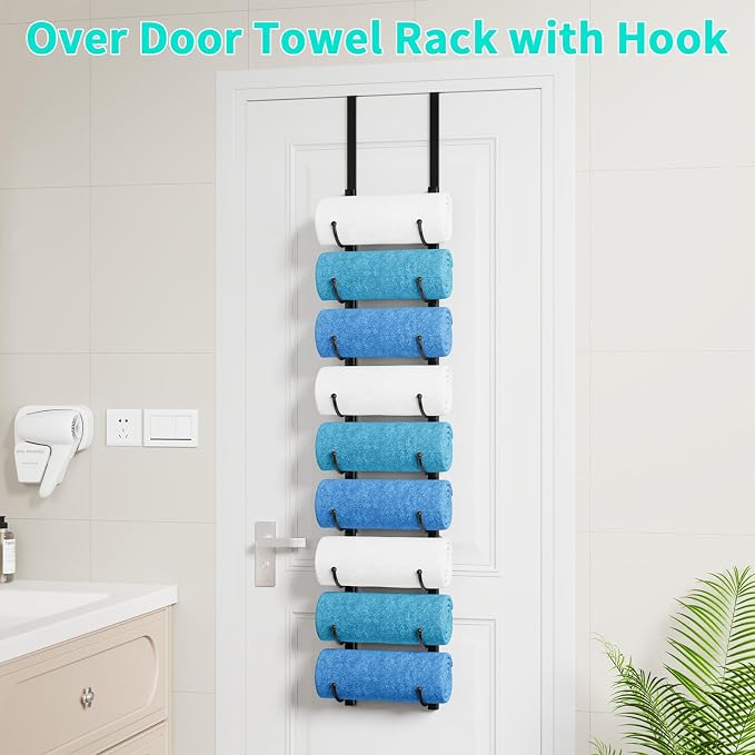 HapiRm Rolled Towel Racks for Bathroom - 9-Tier Over The Door & Wall Mounted Bathroom Towel Storage, Hanging Metal Organizer for Towels & Bath Sheets, Space Saving Rack for Bathroom, Camper, RV, Black