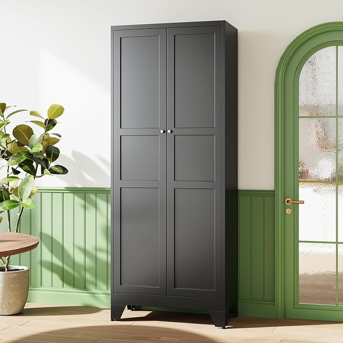 Letaya 75" H Metal Storage Cabinet with 2 Doors and 4 Shelves,Tall Kitchen Pantry Cabinets,Farmhouse Utility Pantry Organizers for Cupboard/Dining/Bathroom/Home Office/Garage Room,Black