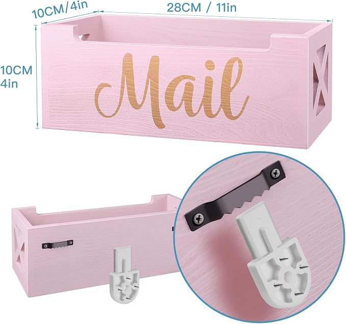 Wooden Mail Organizer Countertop | Pink Cute Mail Holder for Wall | Rustic Desk Mail Sorter Basket Letter Holder for Home Office Entryway Decor