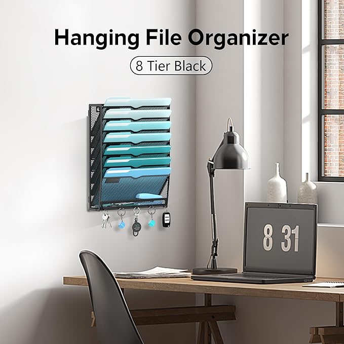 8-Tier Hanging Wall File Organizer with 5 Hooks, Mesh Wall File Holder Vertical Mount Mail Organizer for Papers, Folders, Magazines, Bills, Office and School, Black