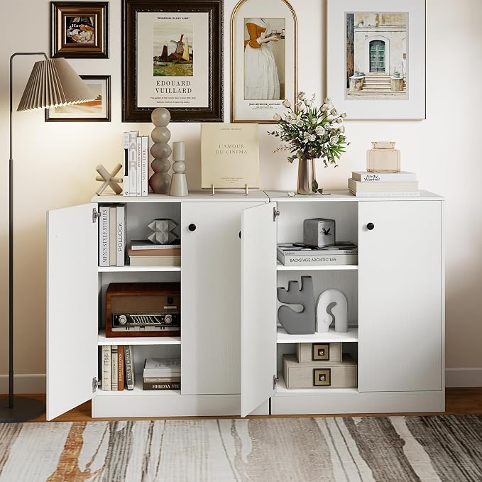 Giantex 2 Door Storage Base Cabinet (White) | 3-Tier Base Cabinet with Non-Slip Foot Pads, Kitchen Cupboard Storage Organizer for Living Room, Hallway, Entryway, Office