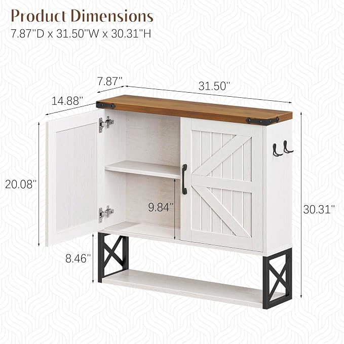 Vabches Bathroom Wall Cabinet, Farmhouse Medicine Cabinet, Rustic White | Vintage Storage Cabinet Wall Mounted with Double Barn Doors and Iron Shelf for Bathroom, Kitchen, Rustic White and Brown