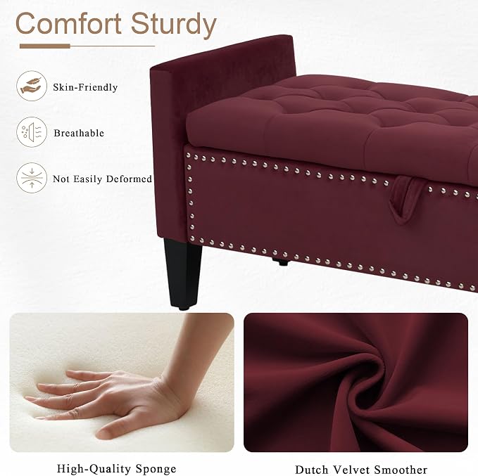 Velvet Ottoman with Storage, 46'' Upholstered Button Tufted End of Bed Bench with Arms, Modern Storage Bench for Living Room, Bedroom, Entryway, Purple