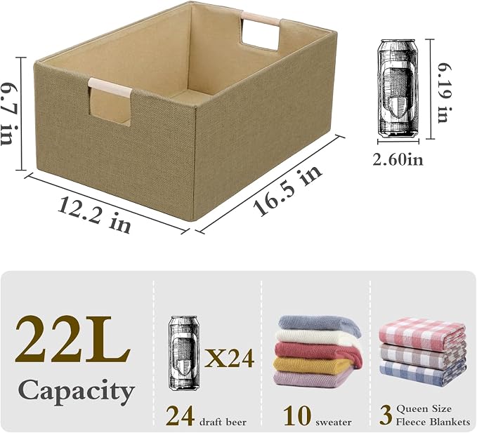 Foldable Fabric Storage Cubes, Cloth Storage Baskets with Wooden Handles, Shelf Closet Organizer Bins, Rectangular Linen Storage Boxes for Decor, 16.5 x 12.2 x 6.7 Inches