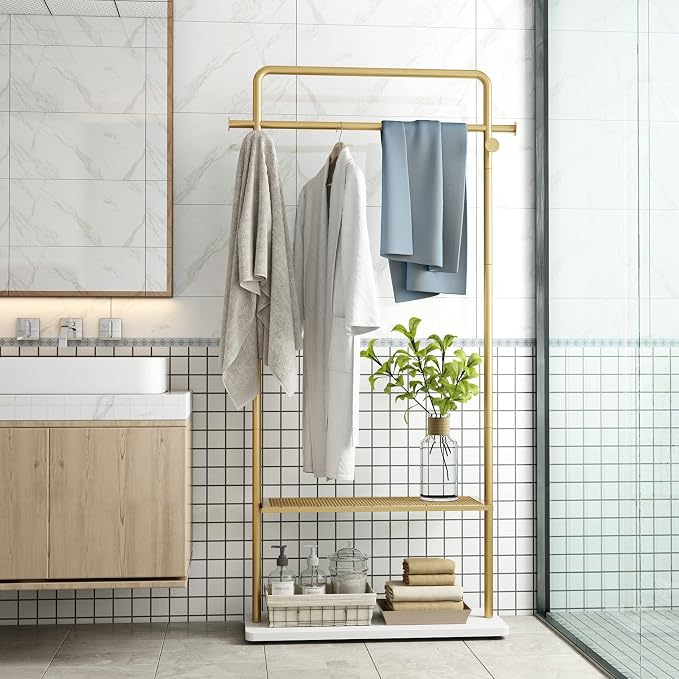 TIEOU Gold Coat Racks with Shelf, Heavy Duty Gold Clothing Racks for Boutiques, Free-Standing Metal Garment Rack for Hanging Clothes, Modern Clothes Rack Entryway(2 tier)