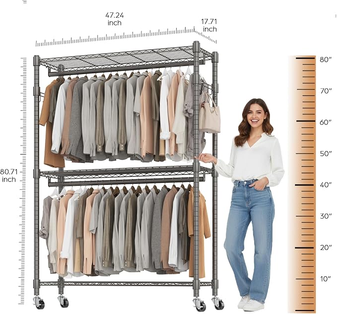 BATHWA Clothes Racks for Hanging Clothes, 25 mm tube Heavy Duty 47.3"W x 17.7"D x 80.7"H Large Wardrobe Rack with Shelves & Wheels Rolling Multifuctional for Bedroom Laundry Walk-in Closet Organizer