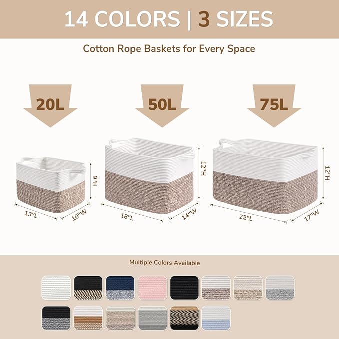 Goodpick 75L Extra Large Cotton Rope Storage Basket, 22" x 17" x 12", Brown | Blankets, Toys & Clothes Storage, Nursery, Living Room & Bedroom Organization, Decorative Storage Basket, Built-In Handles