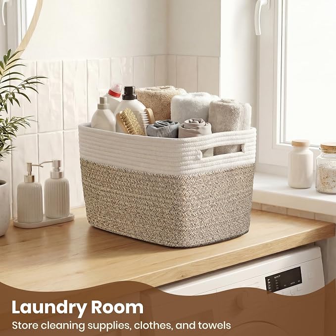 Storage Baskets for Organizing, 14 x 10 x 9” Closet Shelf Woven Baskets, Square Bins with Handles, Cotton Rope Basket for Clothes, Office, Room, White+Rice Brown 1 Pack