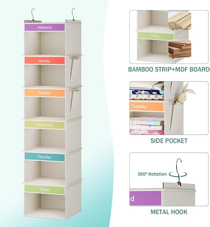 YOUDENOVA Weekly Clothes Organizer for Kids, Hanging Closet Organizer | Days of the Week Clothes Organizer, Reinforced Bamboo Slats, Kids' School Outfit Planning, Breathable Fabric, 2 Side Pockets