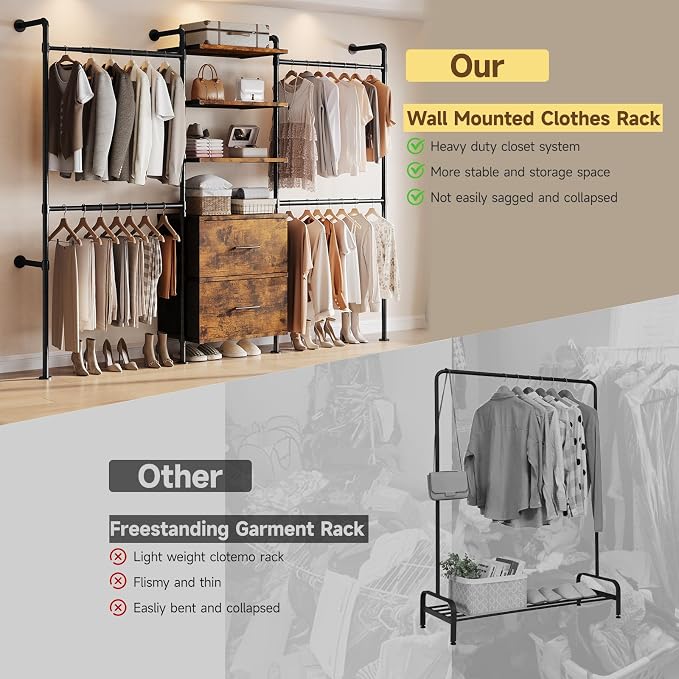 T3 Wall Mounted Industrial Pipe Closet Organizers Storage System | Metal Clothing Rack with 2 Drawers, 6 Wooden Shelves & 4 Expandable Rods, Heavy Duty Garment Rack, Wardrobe (Rustic Brown)