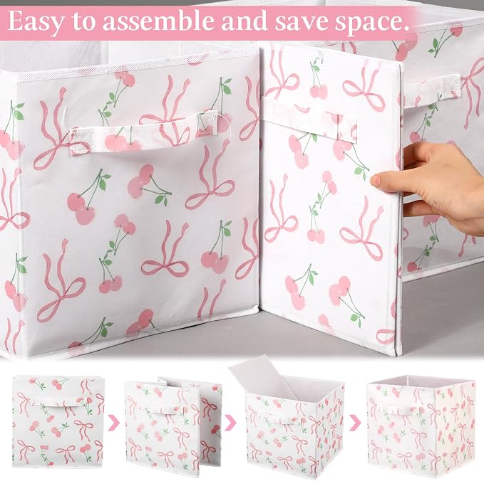 6 Pcs Pink Bow Cherry Cube Storage Bins 11 Inch Storage Basket with Handle, Preppy Girls Organizer Basket, Collapsible Fabric Box for Classroom Bedrooms Office Home Decoration Gift