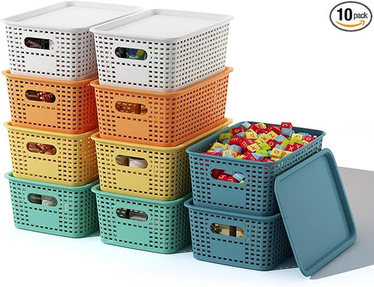 ORGIDOL Plastic Storage Basket with Lids 10 Pack Stackable Colorful Storage Bins Containers with Lid, Decorative Storage Boxes for Organizing Shelves, Drawers, Playroom, Classroom, Office, Closet