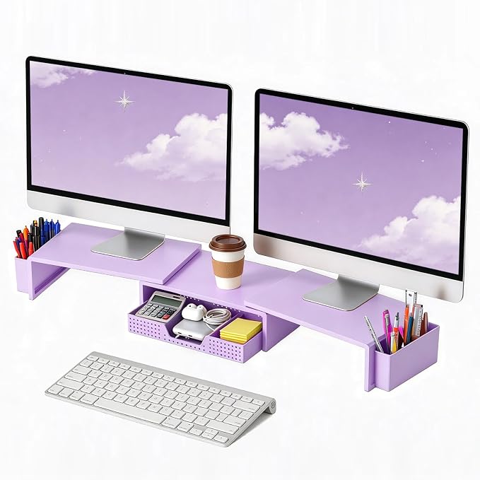 LEKETREE Dual Monitor Stand Riser with Drawer, Desk Organizer and Accessories, Monitor Stand for Desk, Desktop Stand for Computer, Laptop, TV and More (Purple)