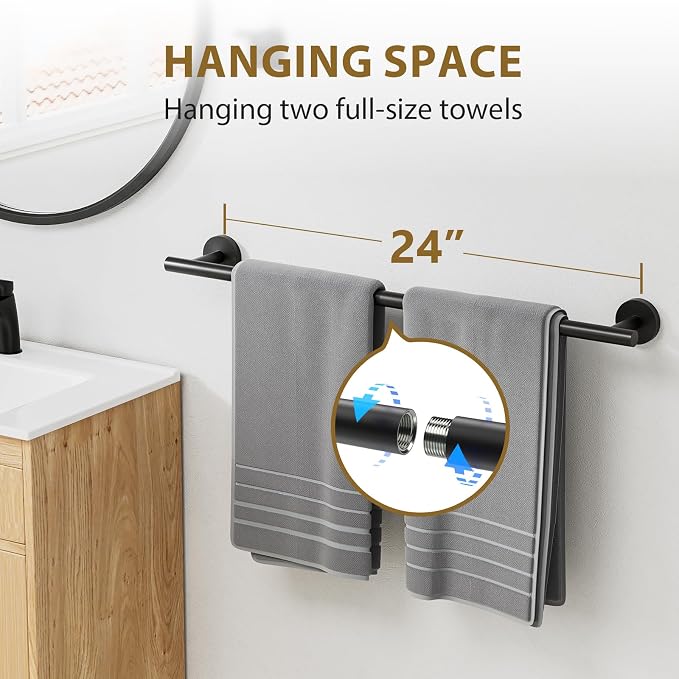 Luxbaro 24 Inch Matte Black Bathroom Hardware Set, Thicken, 4-Piece | Modern Towel Bar Set, Wall Mounted Towel Racks for Bathroom, Durable SUS304 Stainless Steel Bathroom Accessories Set