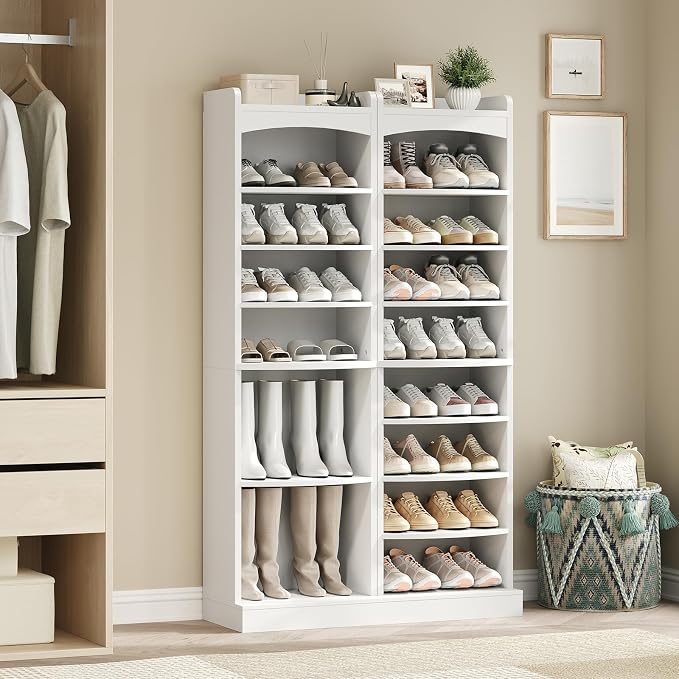 9-Tier Tall Shoe Rack, Wooden Shoe Storage Organizer, Narrow Shoe Cabinet with Removable Shelves for Small Spaces, Holds 18 Pairs of Shoes, for Entrance, Hallway, White SS22WT