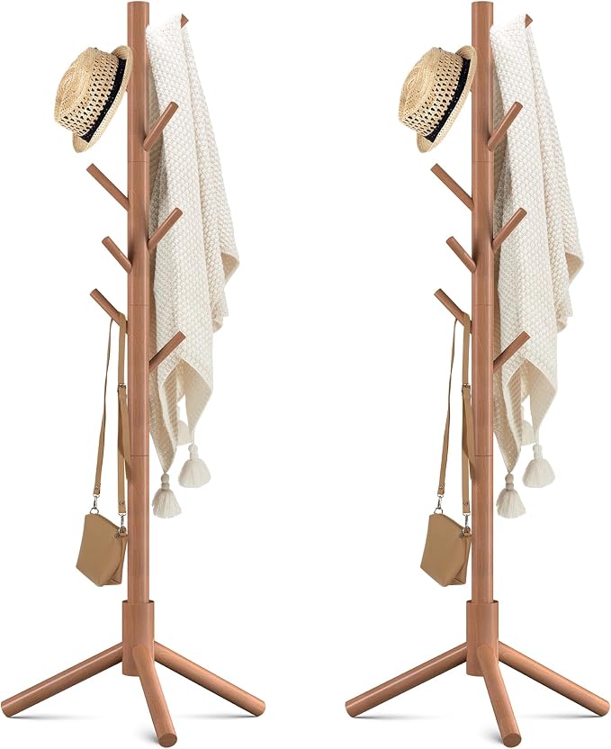 Haddockway Wooden Coat Rack Stand with 8 Hooks New Zealand Pine 3 Adjustable Coat Standing Tree Easy Assembly for Coats, Hats, Scarves and Handbags for Entryway, Hallway, Bedroom, Office,2 PCS
