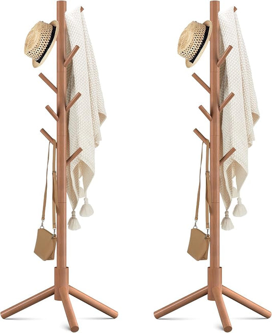 Haddockway Wooden Coat Rack Stand with 8 Hooks New Zealand Pine 3 Adjustable Coat Standing Tree Easy Assembly for Coats, Hats, Scarves and Handbags for Entryway, Hallway, Bedroom, Office,2 PCS