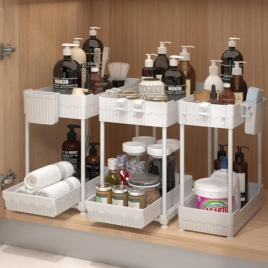 Sevenblue 3 Pack Under Sink Organizers, 2-Tier Multi-Use Kitchen and Bathroom Organizers and Storage with Sliding Drawers, Bathroom Cabinet Organizer (White, 14.8 Inch) | Multi-use kitchen & bathroom storage, 14.8 inch white cabinet organizer, space-sa...