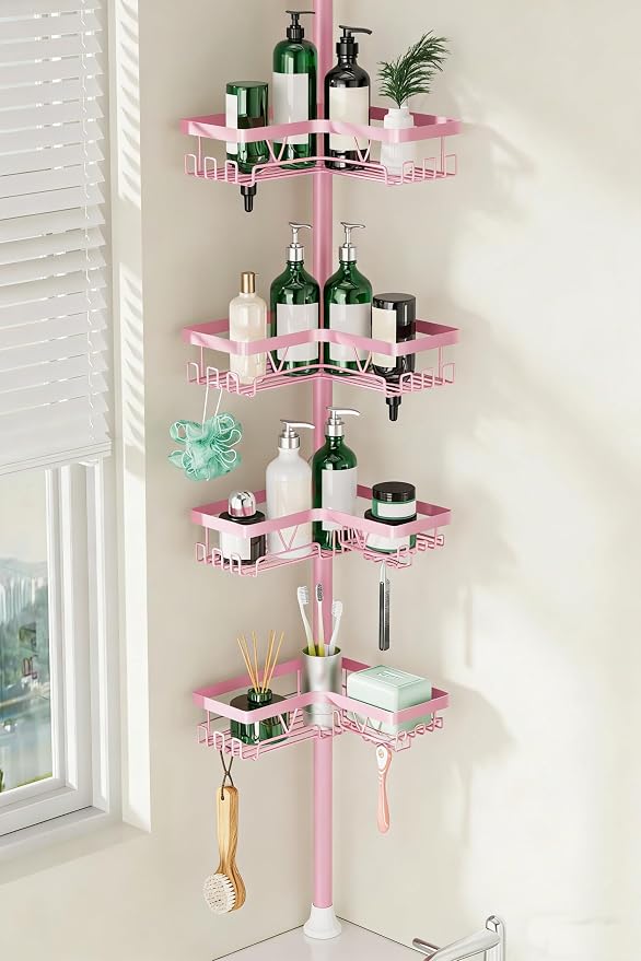 DAOYA Corner Shower Caddy Tension Pole - Corner Shower Organizer Pink Cute | Bathroom Shower Shelf for Shampoo, 25–114 Inch Shower Rack for Renter/Apartment, 4 Tier, Sturdy, Large Capacity, Save Space
