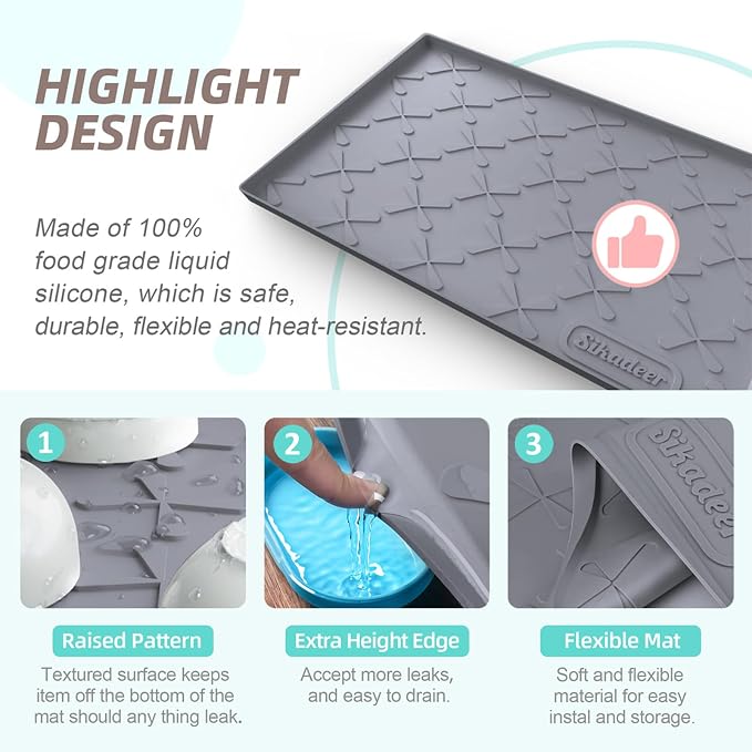 SIKADEER Waterproof Under Sink Mat Food-Grade Kitchen Shelf Liner 34" x 22" | Thick Raised Edge Cabinet Protector, BPA Free Kitchen Organizer and Storage, Non-Slip Dog & Cat Mat, Silicone Drying Mat