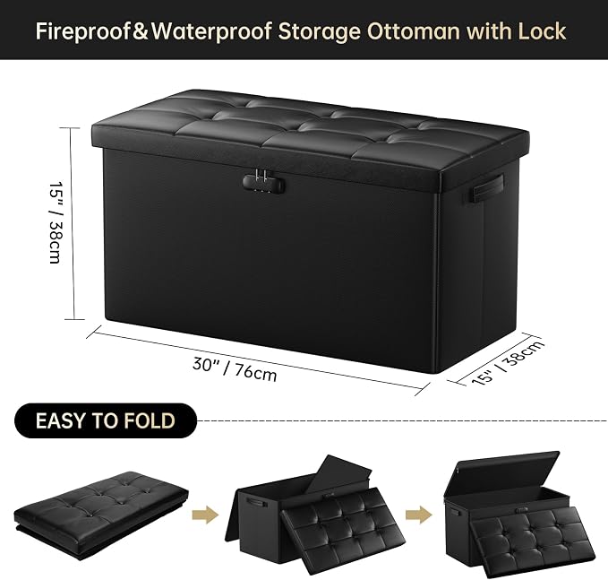 DocSafe Storage Ottoman Bench with Lock,Fireproof 30 Inches Folding Bench Foot Rest Stool Storage Chest Safe for Living Room,Bedroom,Home Office,Waterproof Leather Ottoman with Handles,Black