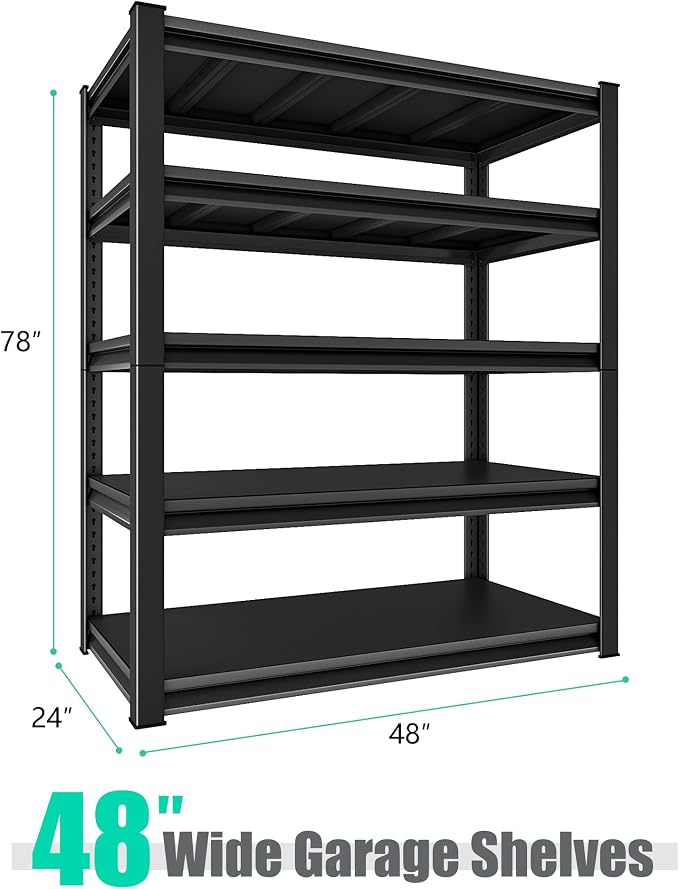 48" W Garage Shelving Heavy Duty, 3000LBS Loads Adjustable Garage Storage Shelves,5-Tier Metal Storage Racks and Shelving Units, Utility Rack Shelves,48" W x 24" D x 78" H,Black