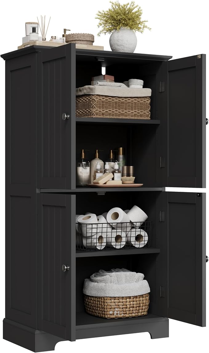 ChooChoo Bathroom Floor Cabinet with Adjustable Shelves | Bathroom Storage Cabinet, 4 Doors, Freestanding Cupboard for Living Room, Black