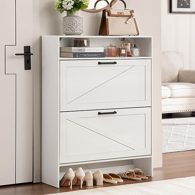 RWYHG Shoe Cabinet Storage for Entryway with 2 Flip Drawers | Open Storage Layer Rack Narrow Organizer Slim Hidden Wood Shoe Cabinet Furniture