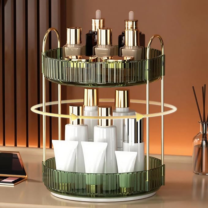 YCIA&DONE 360 Rotating Makeup Organizer and Storage for Vanity Countertop 2 Tiers, High Capacity Cosmetic Skincare Perfume Organizers for Dresser Bathroom Lazy Susan (Vintage Green)