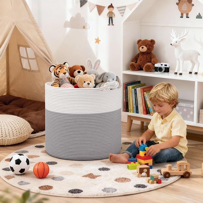 Goodpick Large Woven Rope Toy Storage Basket for Living Room, 60L, Grey | Small Laundry Basket for Organizing Baby Clothes, Blankets & Pillows, Great for Bedroom Nursery Home Décor