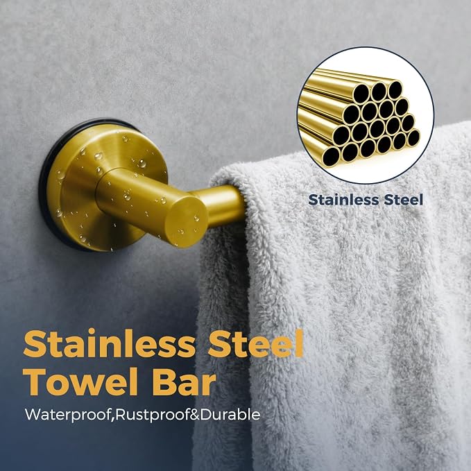 14.6inch~24inch Towel Racks for Bathroom,Adjustable Suction Cup Towel Bar for Bathroom Wall,Stainless Steel Bath Towel Holder for Shower(Brushed Gold)
