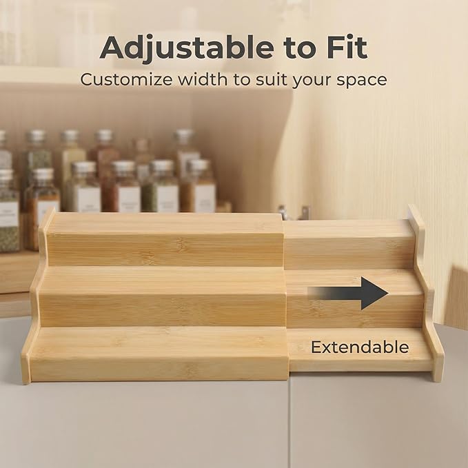 JinDoWin Spice Rack Organizer for Cabinets,Countertop & Pantries,2 Pack | Expandable design, 3-Tier stepped bamboo spice shelf, seasoning organizer, pantry organizers and storage