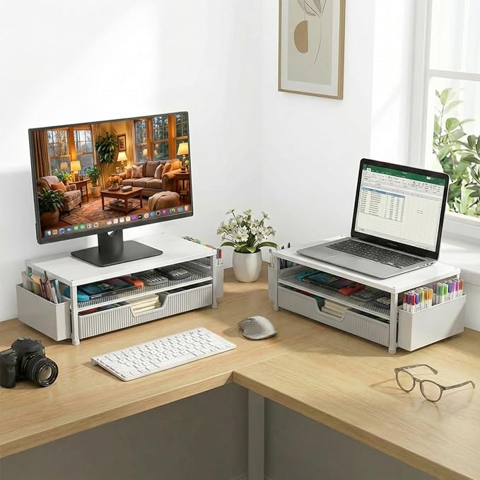 ECOLOVI Desk Organizer and Accessories, 2-Tier Computer Monitor Stand Rise with Storage Drawer & 2 Pen Holders, Laptop & Printer Stand for Desktop, Workspace Organizers for Office Supplies (White)