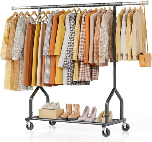 EAGMAK Heavy Duty Clothes Rack Load 424 LBS, Rolling Clothing Rack With Shelves, Adjustable Metal Clothes Hanger with Wheels, Portable Wardrobe Organizer Garment Rod for Hanging Clothes (Black)
